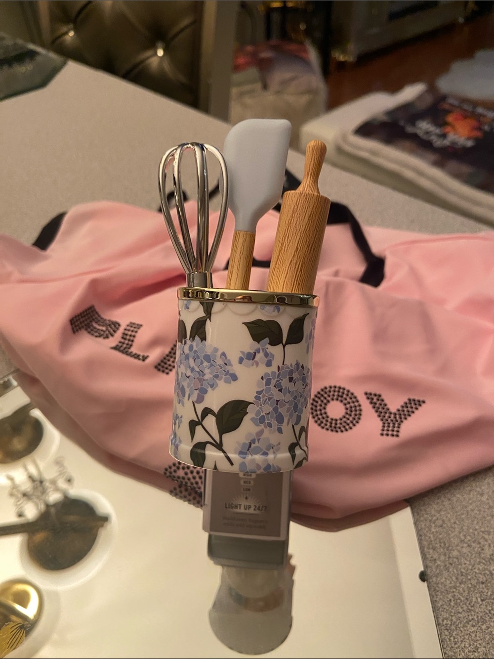 Floral Ceramic Utensil Holder - Blue Hydrangea wallflower light up